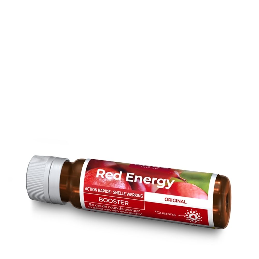 Bruine glazen fles met witte schroefdop. Etiket met "RED ENERGY", "BOOSTER" op rode achtergrond.