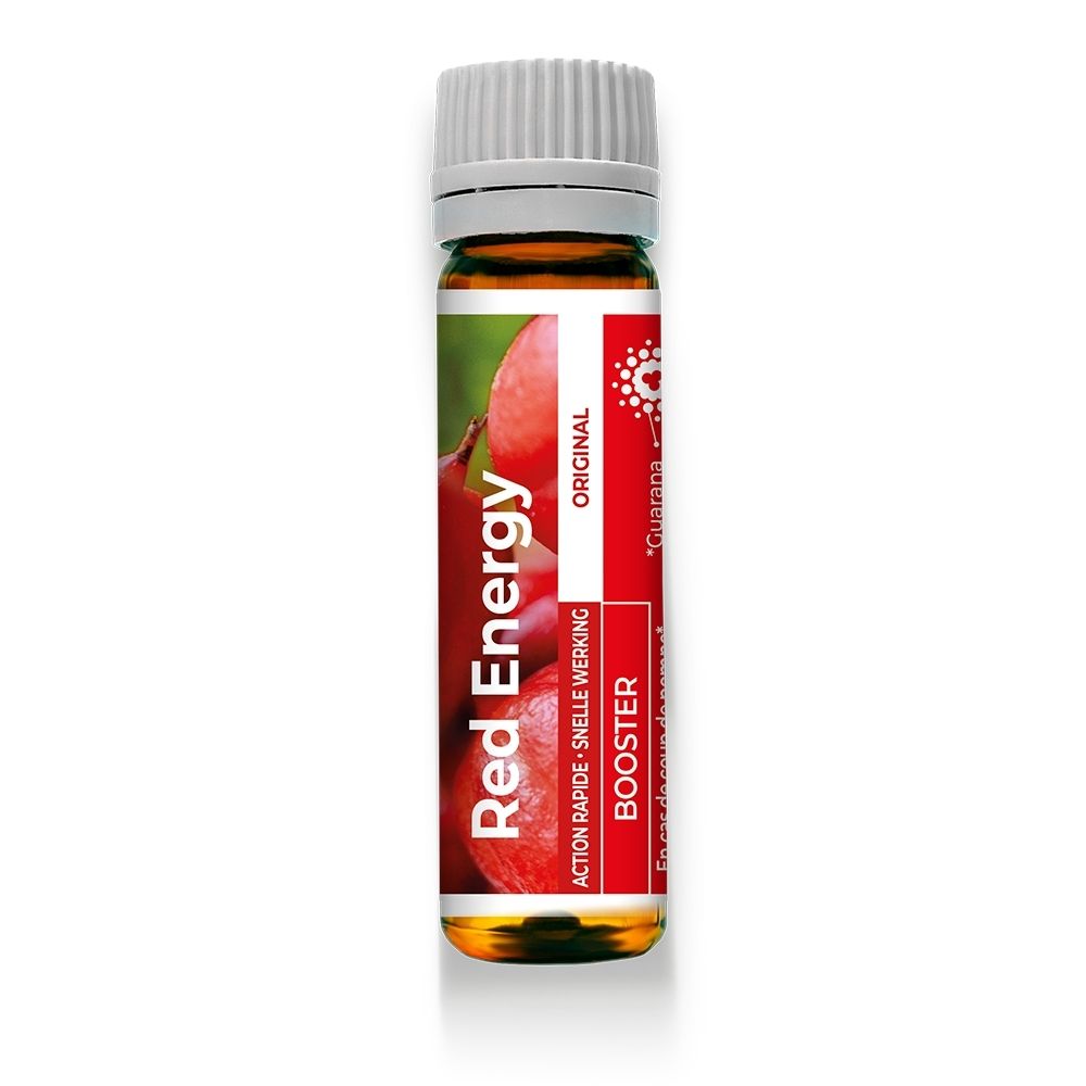 Bruine glazen fles, 15ml. Etiket met "RED ENERGY", "BOOSTER", afbeelding van guarana en "ACTION RAPIDE - SNELE WERKING".