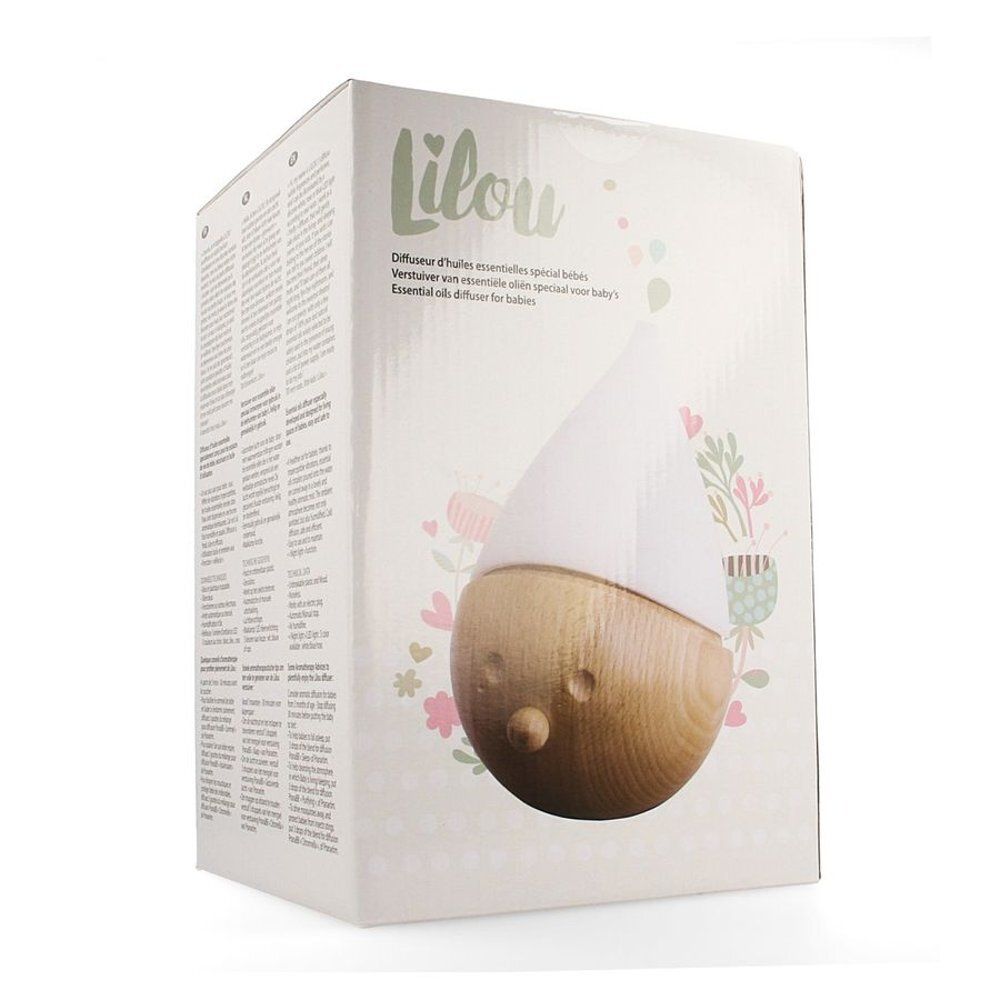 Verpakking met productafbeelding. Opschrift Lilou. Houten en witte verstuiver voor baby's.
