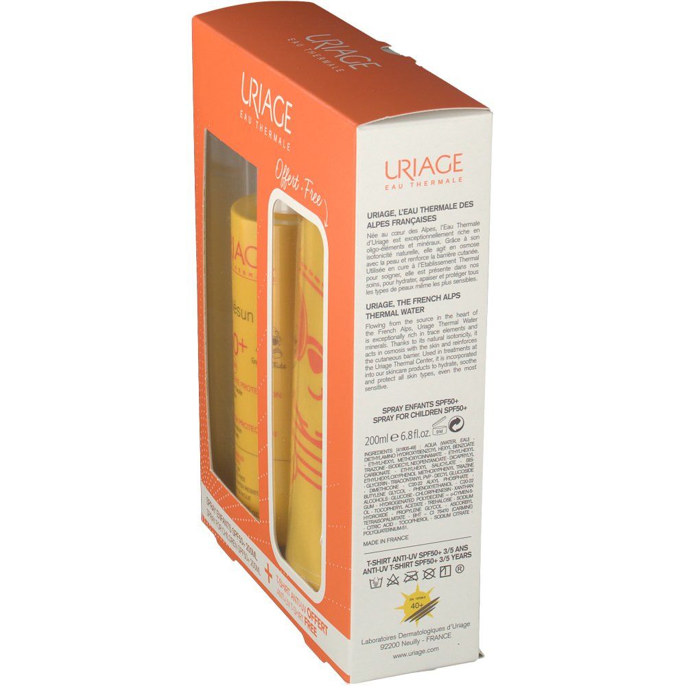 Vue latérale du coffret. Logo Uriage et informations produit. Contient spray et T-shirt.