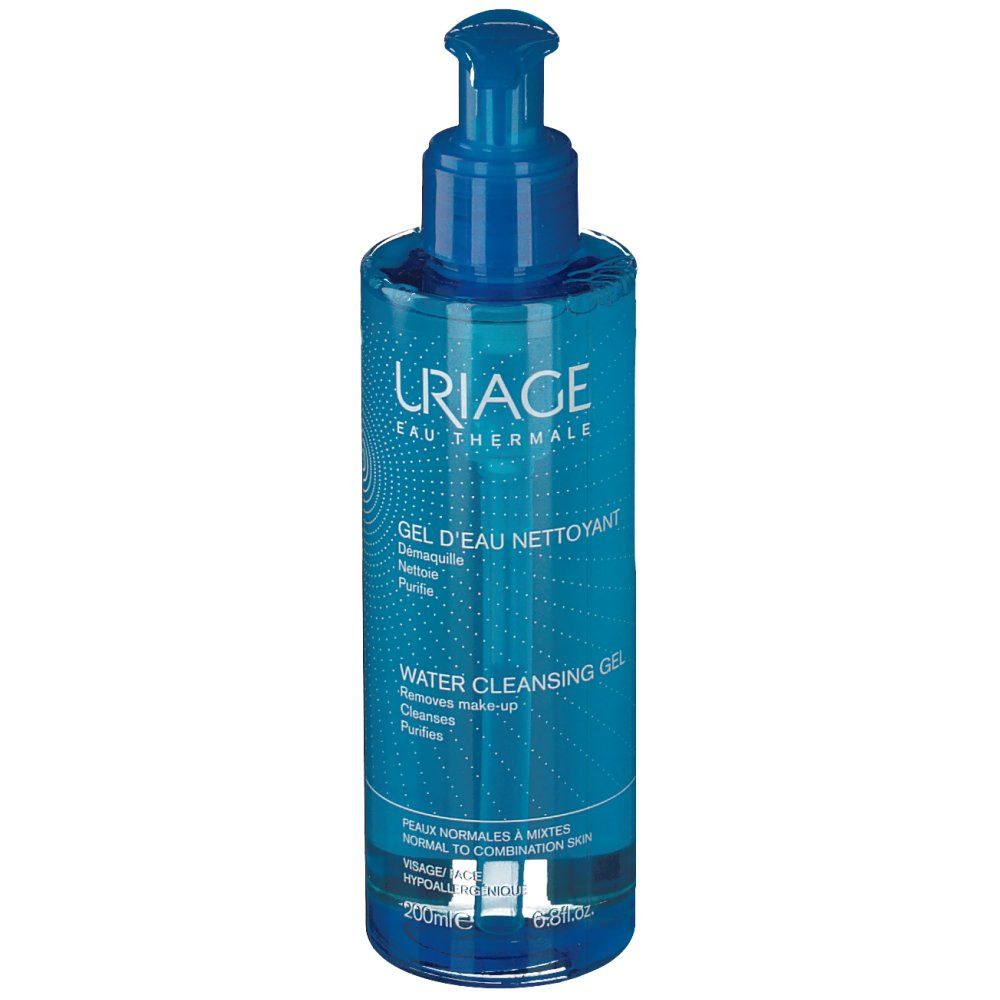 Blauwe transparante fles met doseerpomp. Opschrift: Uriage, Gel d'eau nettoyant, Water Cleansing Gel.