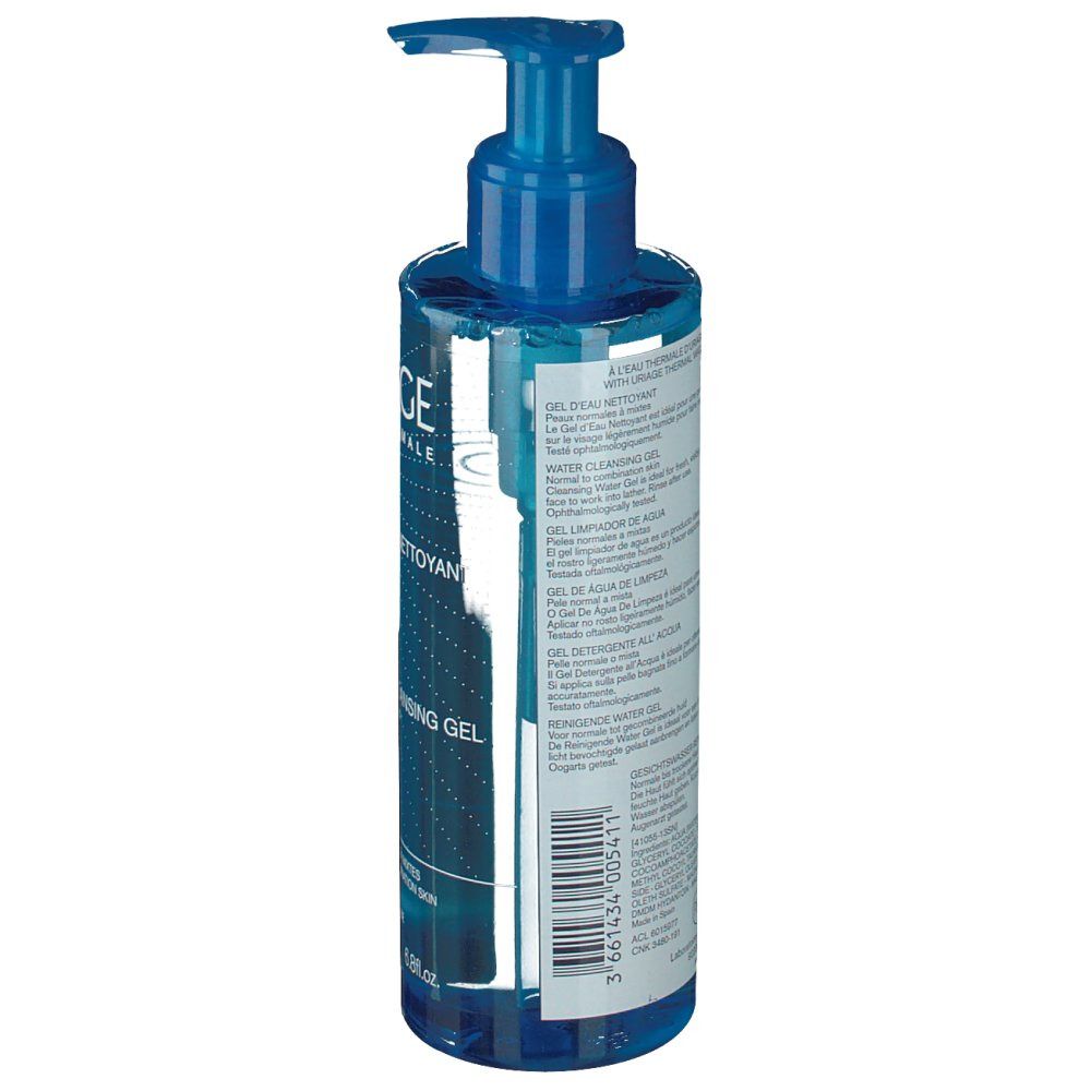 Achterkant van de blauwe fles met doseerpomp. Meertalige tekst. Opschrift: Water Cleansing Gel.