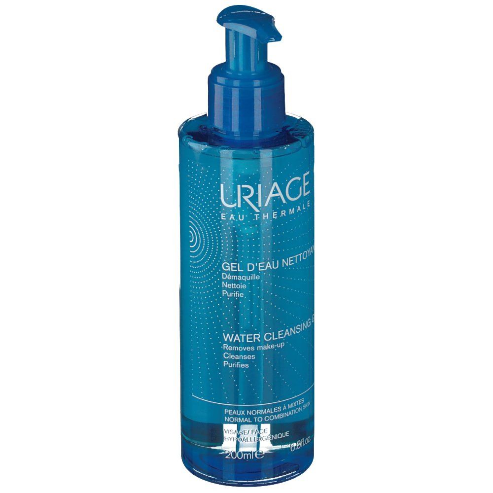 Blauwe fles met doseerpomp. Opschrift: Uriage, Gel d'eau nettoyant, Water Cleansing Gel. Voor normale tot gemengde huid.