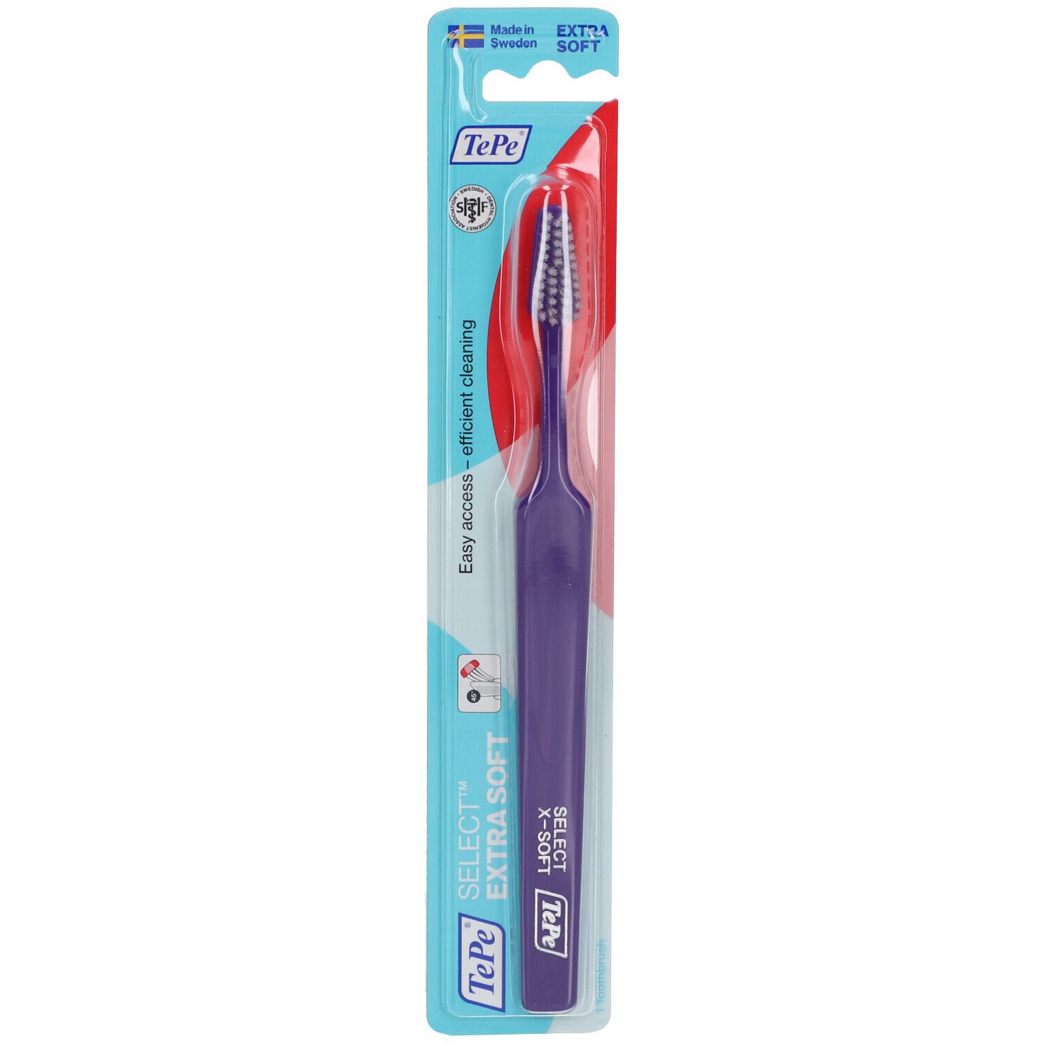 Brosse à dents TePe Select Extra Soft en emballage blister. Manche violet, brins noirs. Emballage avec nom et logo du produit.