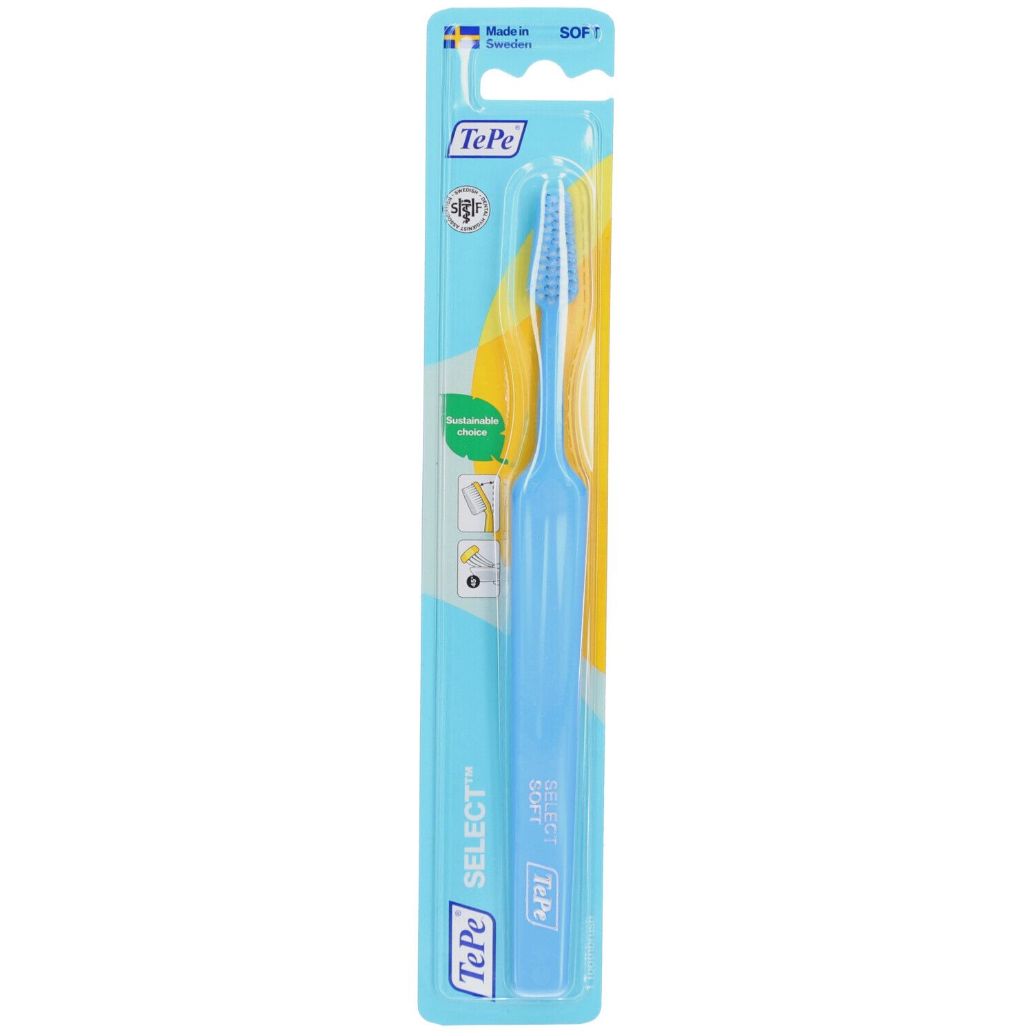 Brosse à dents TePe Select Soft, manche bleu, soies souples, emballage blister.
