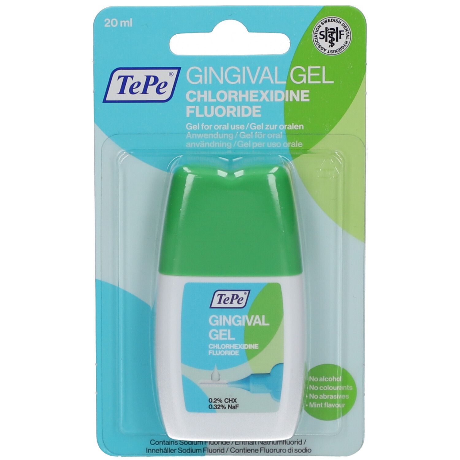 TePe Gingival Gel in blisterverpakking. Witte fles met groene dop. Bevat chloorhexidine en fluoride. Opschrift: Gingival Gel.