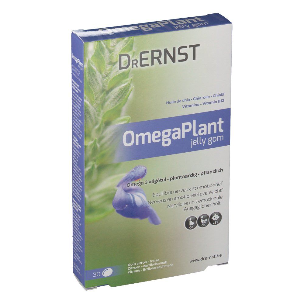 Verpakking van DR Ernst OmegaPlant jelly gom. Voorkant met productnaam, bloemmotief en aanduiding van 30 stuks.