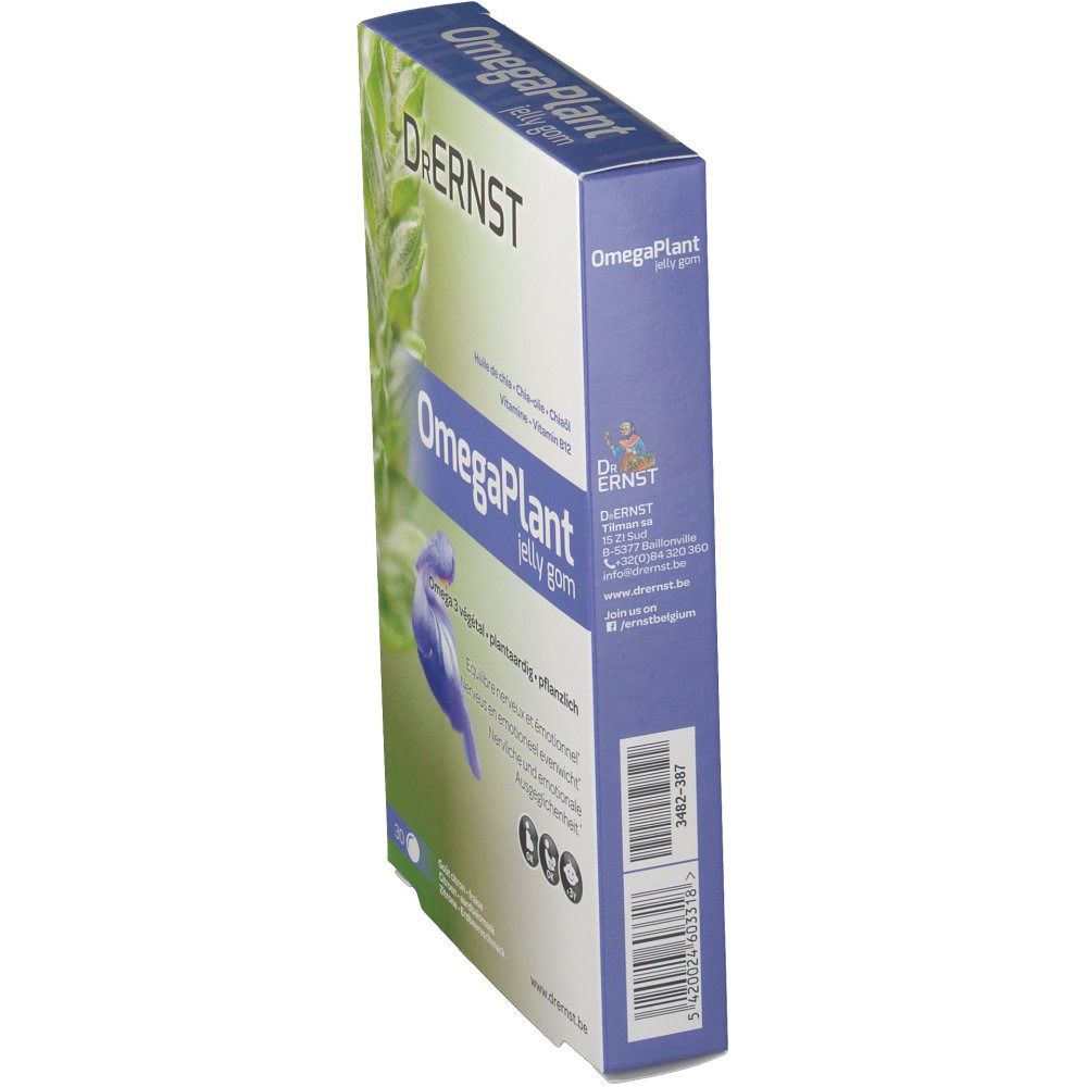 Zijaanzicht van de verpakking van DR Ernst OmegaPlant jelly gom. Productnaam en barcode zichtbaar.