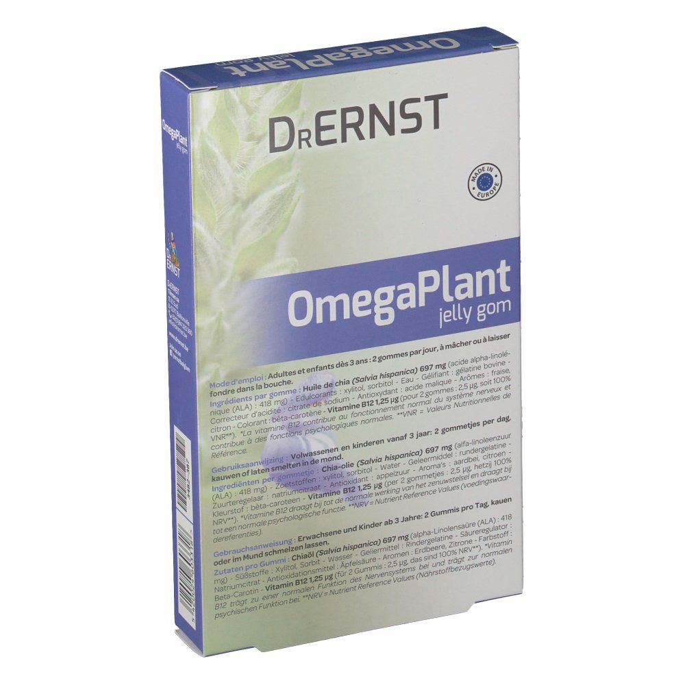 Achterkant van de verpakking van DR Ernst OmegaPlant jelly gom. Tekstinformatie en voedingswaarde-informatie.