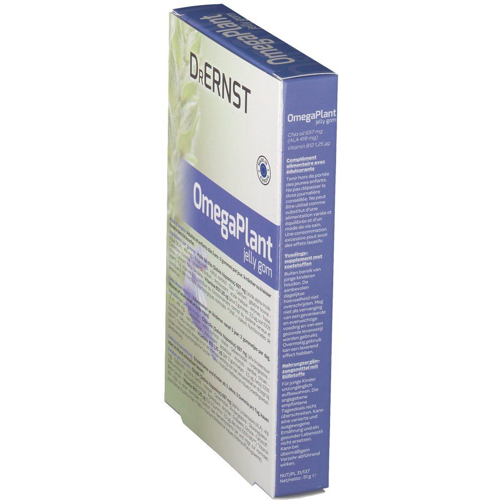 Zijaanzicht van de verpakking van DR Ernst OmegaPlant jelly gom. Tekstinformatie en voedingswaarde-informatie.
