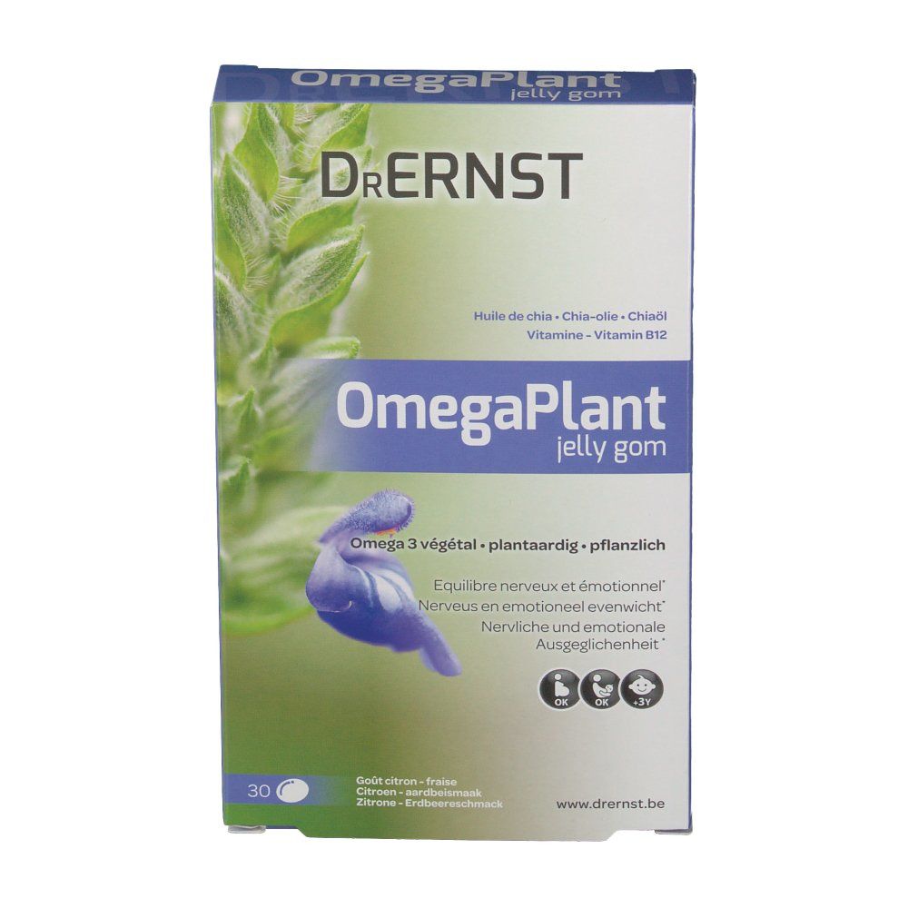 Verpakking van DR Ernst OmegaPlant jelly gom. Voorkant met productnaam, bloemmotief en aanduiding van 30 stuks.