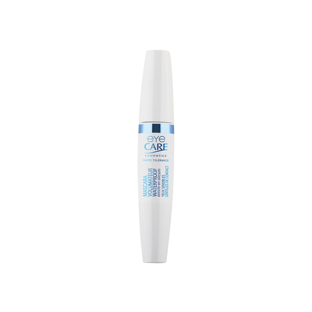 Witte mascara-huls met zwarte en blauwe band. Tekst: EYE CARE, Mascara Volumateur Waterproof, gevoelige ogen, contactlenzen.