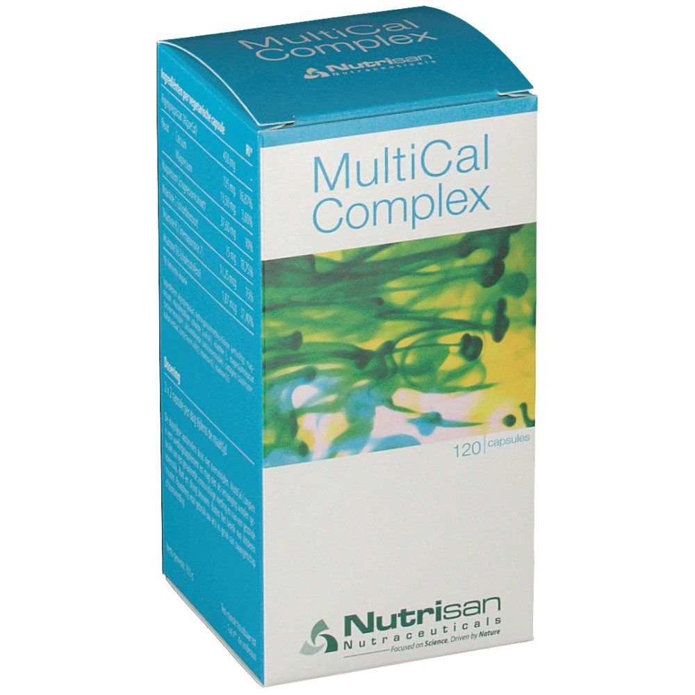 Boîte Nutrisan MultiCal Complex. Couleurs bleu et blanc. Inscription: MultiCal Complex et 120 capsules.