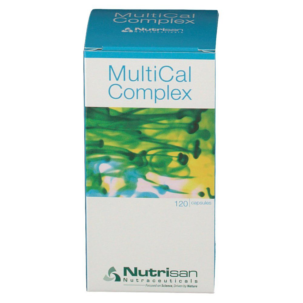 Boîte Nutrisan MultiCal Complex. Couleurs bleu et blanc. Inscription: MultiCal Complex et 120 capsules.
