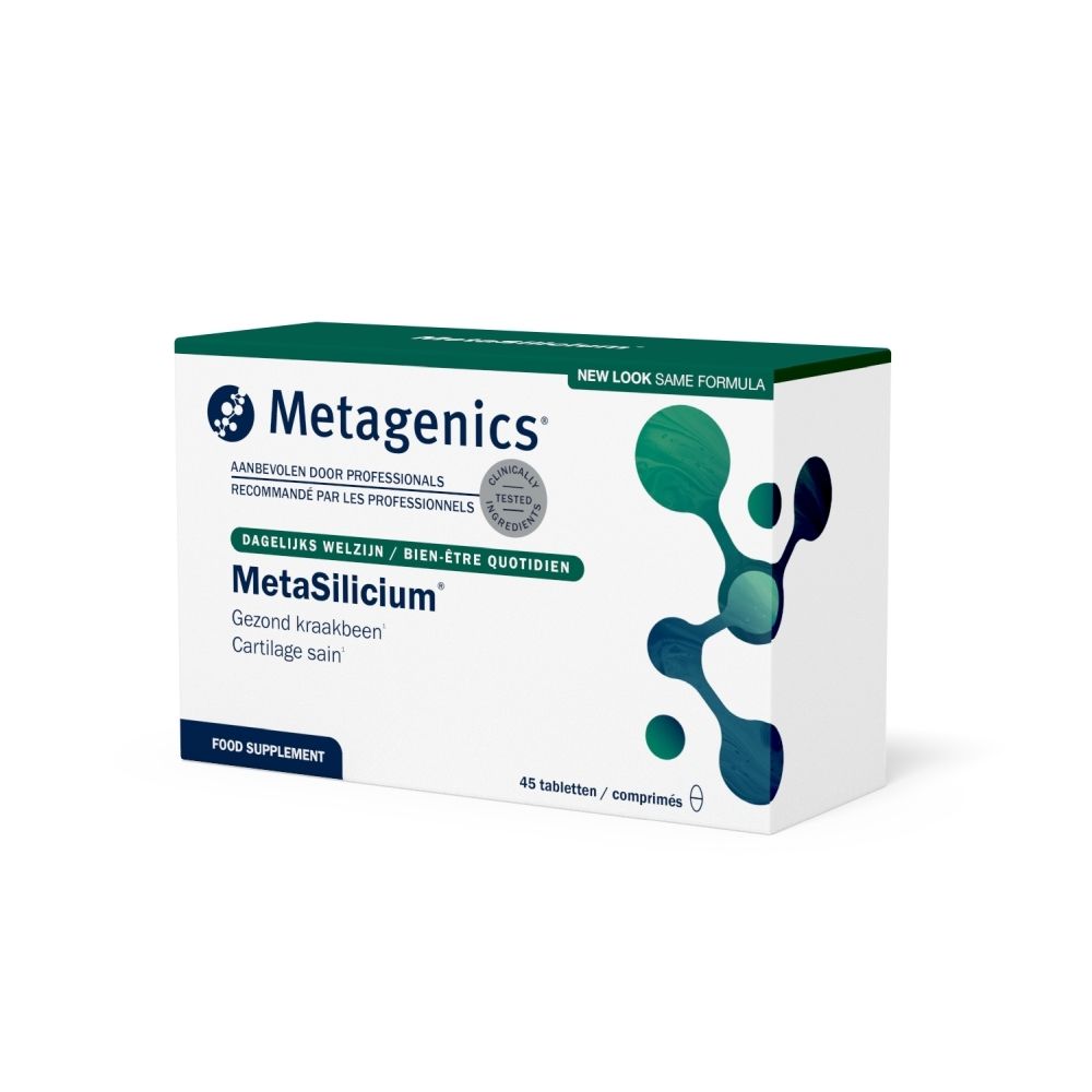 MetaSilicium®-verpakking. Bevat 45 tabletten. Opschrift: Gezond kraakbeen. Met vitamine C.
