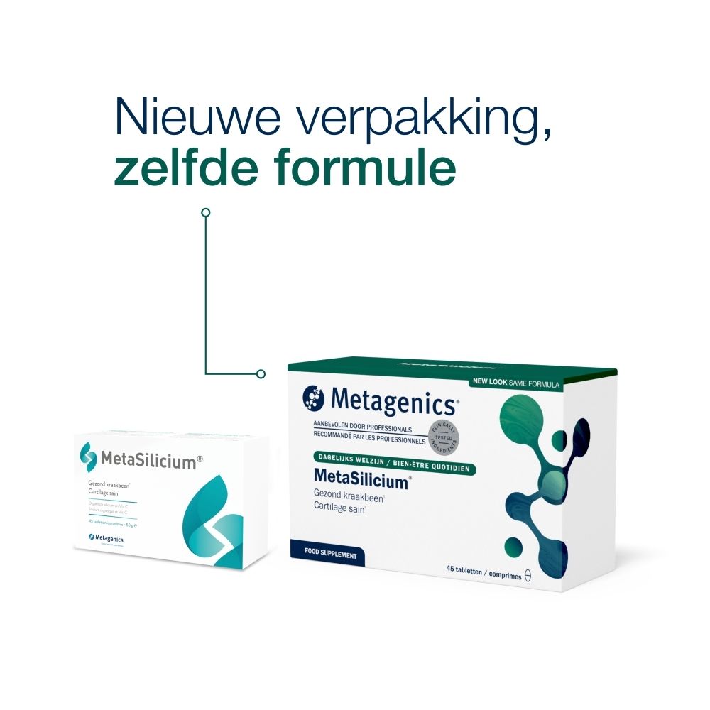 MetaSilicium®-verpakking. Bevat 45 tabletten. Opschrift: Gezond kraakbeen. Met vitamine C.