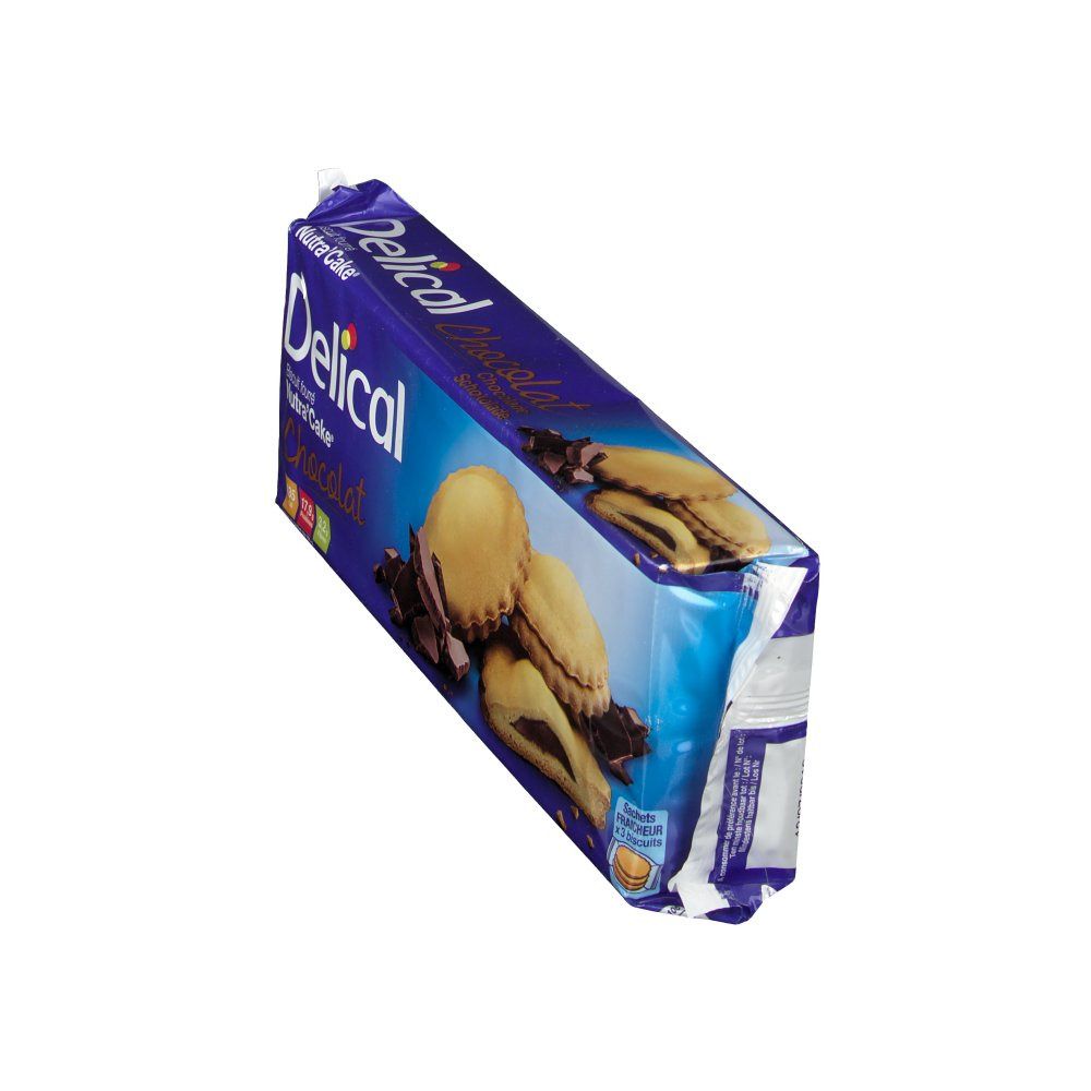 Emballage Delical Nutra'Cake Chocolat. Emballage bleu avec image du produit et logo. Vue en biais.