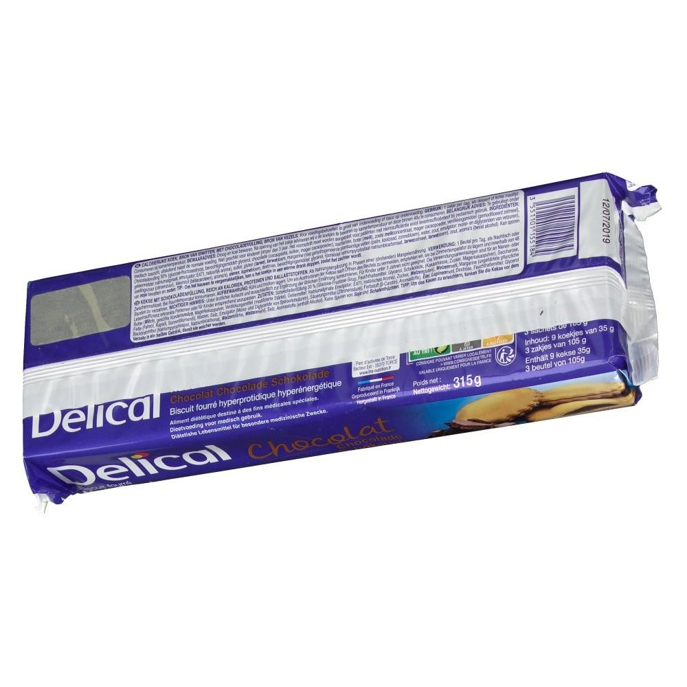 Dos de l'emballage Delical Nutra'Cake Chocolat. Emballage bleu avec texte et logo. Vue en biais.