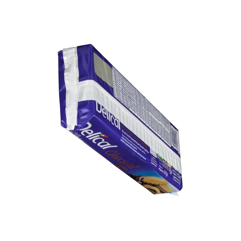Emballage Delical Nutra'Cake Chocolat. Emballage bleu avec texte et logo. Vue en biais.