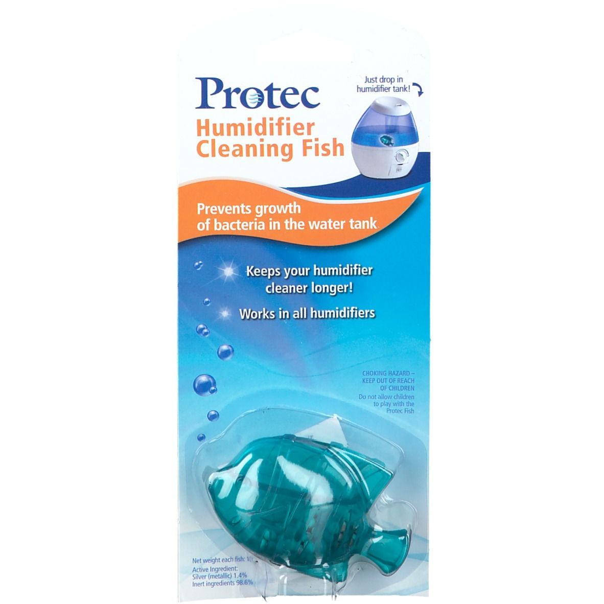 Emballage Protec Humidifier Cleaning Fish. Poisson vert pour humidificateur. Texte: "Empêche la prolifération des bactéries".