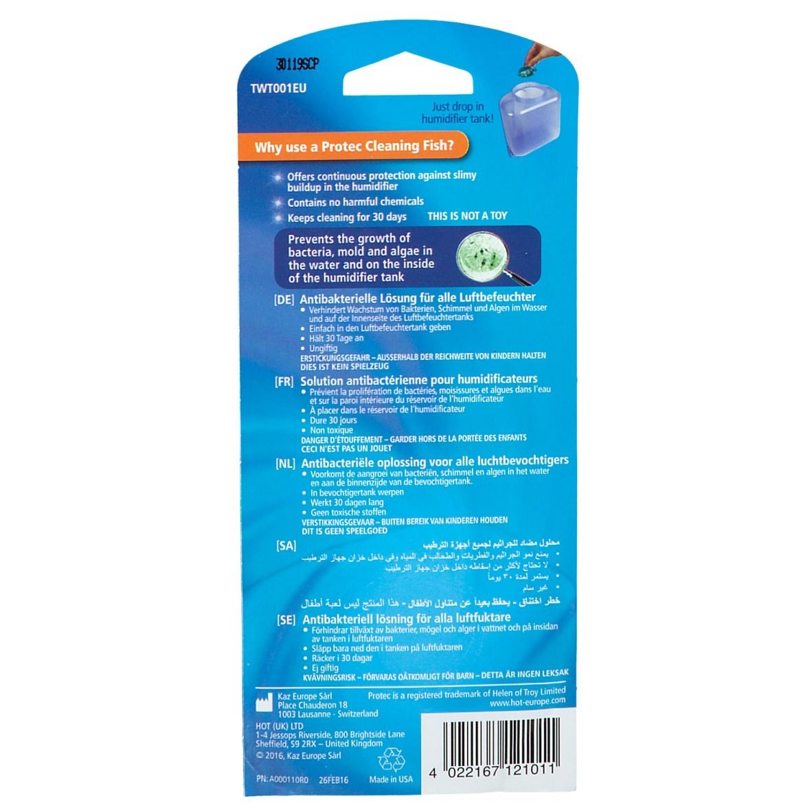 Dos de l'emballage. Texte: "Protec Cleaning Fish". Informations sur la solution antibactérienne pour humidificateurs. Avertissement: "CE N'EST PAS UN JOUET".