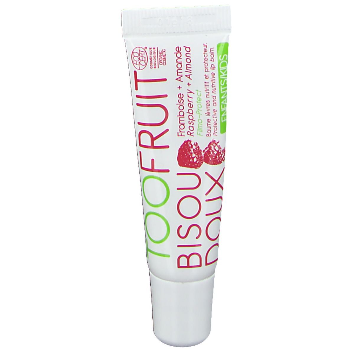 Tube de baume à lèvres Toofruit Bisou Doux. Saveur framboise et amande. Certifié bio. Tube blanc, texte vert et rouge.