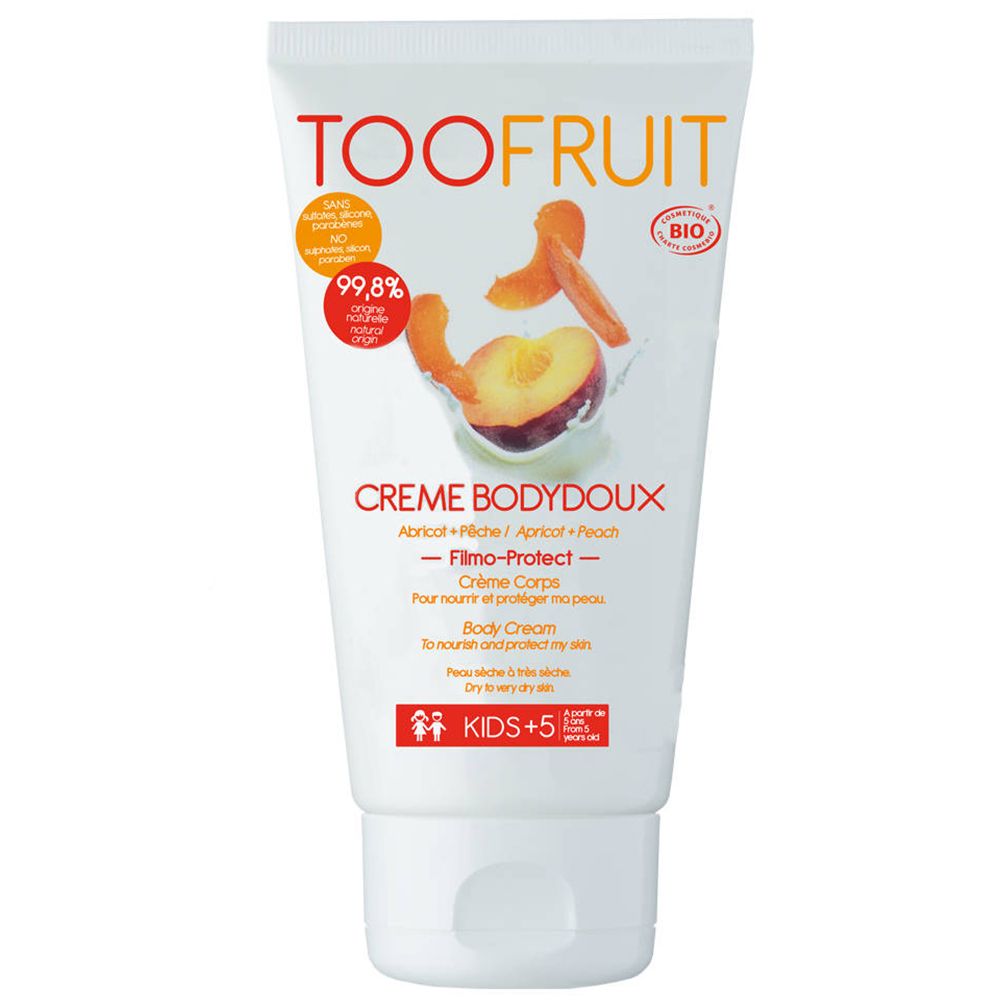 Witte tube met TOOFRUIT-logo en perzik/abrikoos. Tekst: Crème Bodydoux, Kids +5. BIO-label.