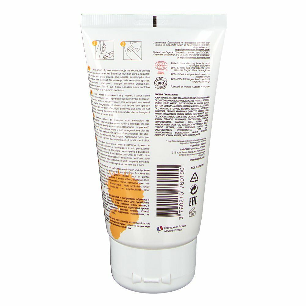 Achterkant tube. Ingrediënten, fabrikantinfo, barcode. BIO-certificering.