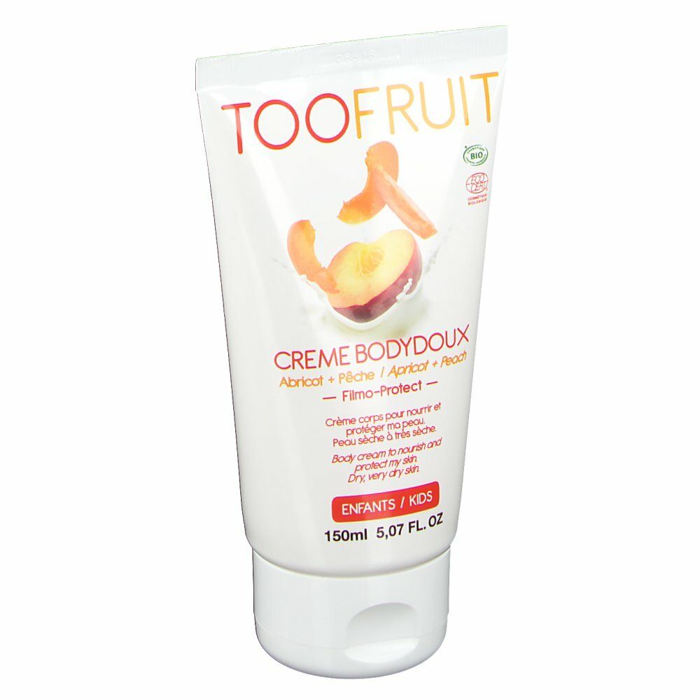 Witte tube met TOOFRUIT-logo en perzik/abrikoos. Tekst: Crème Bodydoux, 150ml.