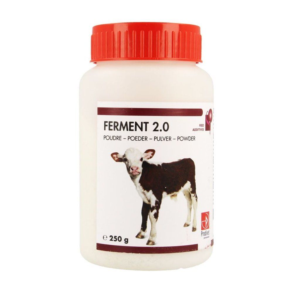 Witte container met rode dop, 250g poeder. Etiket met 'Ferment 2.0' en een jong rund.