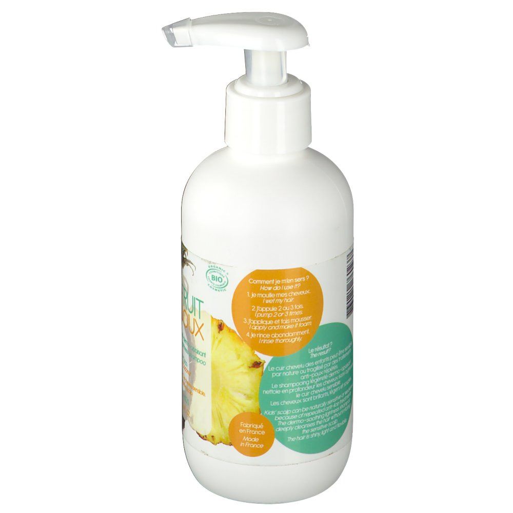 Witte fles met pomp. Etiket met tekst en ananas illustratie. Bio-certificering.