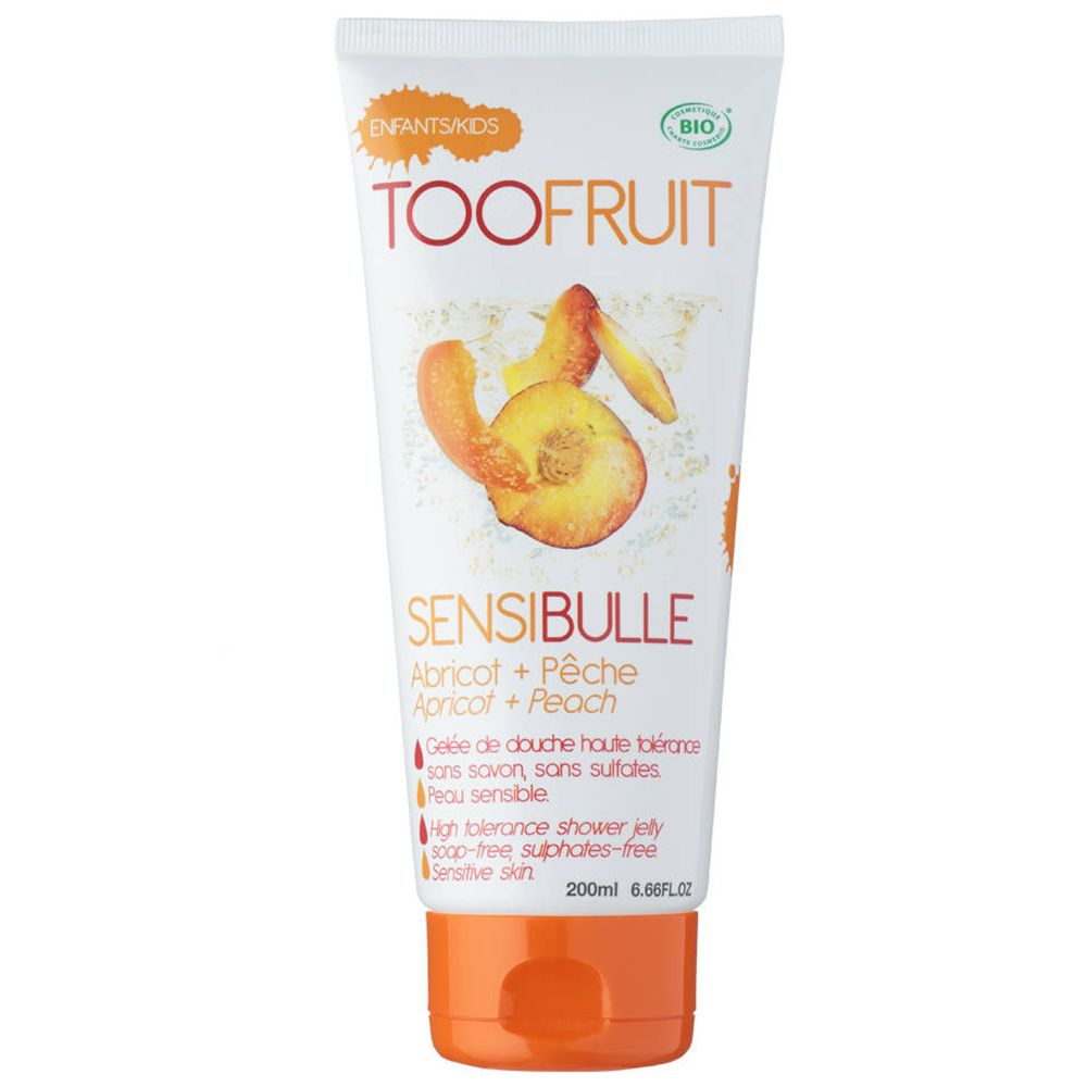 Tube blanche et orange. TOOFRUIT Sensibulle gel douche Pêche-Abricot. Label bio. Illustration de morceaux de pêche et d'abricot.
