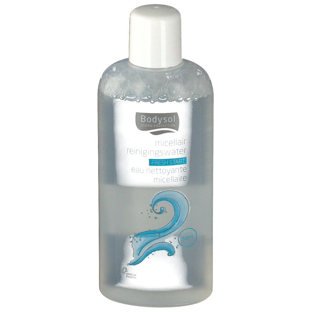 Transparante fles met witte dop. Opschrift: Bodysol micellar reinigingswater fresh start eau nettoyante micellaire.