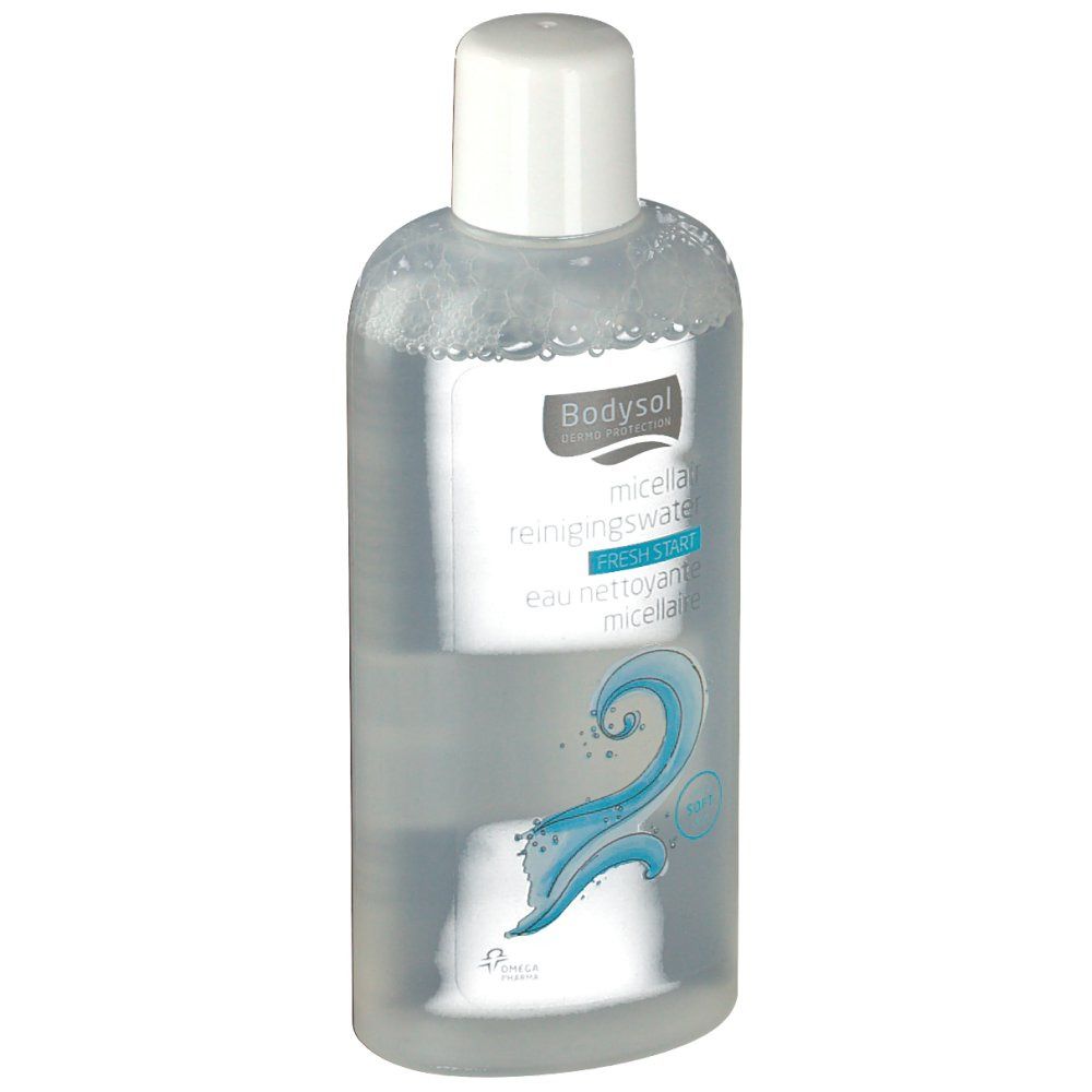 Transparante fles met witte dop. Opschrift: Bodysol micellar reinigingswater fresh start eau nettoyante micellaire.
