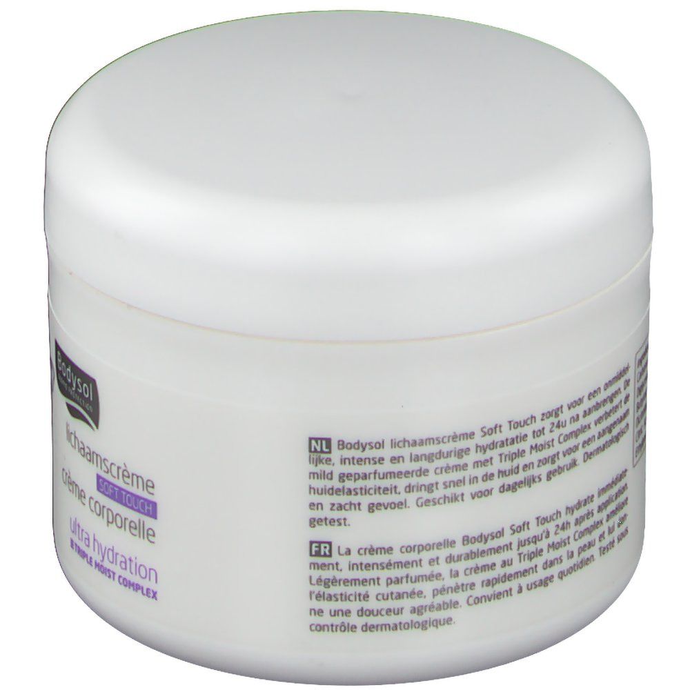 Witte pot met deksel. Opschrift: Bodysol, lichaamscreme, Ultra Hydration. Tekst in het Nederlands en Frans.