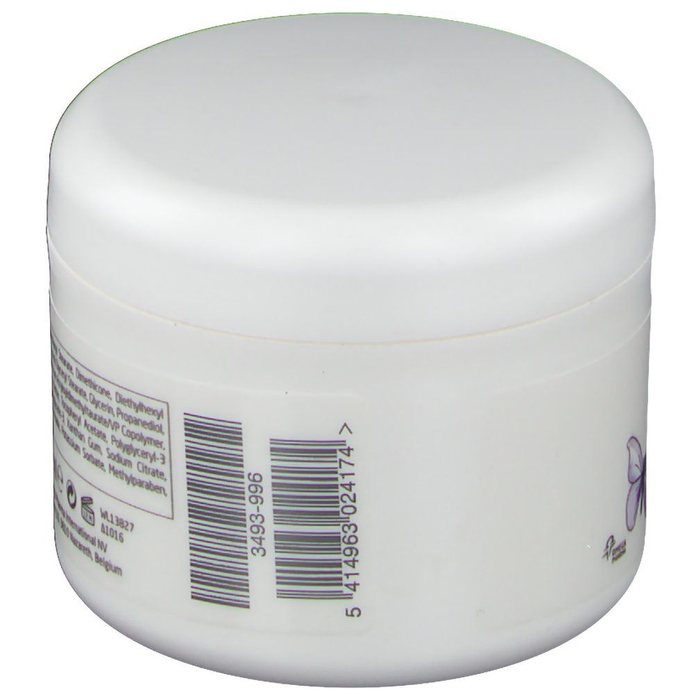 Witte pot met deksel. Barcode en tekst. Klaverblad-logo.