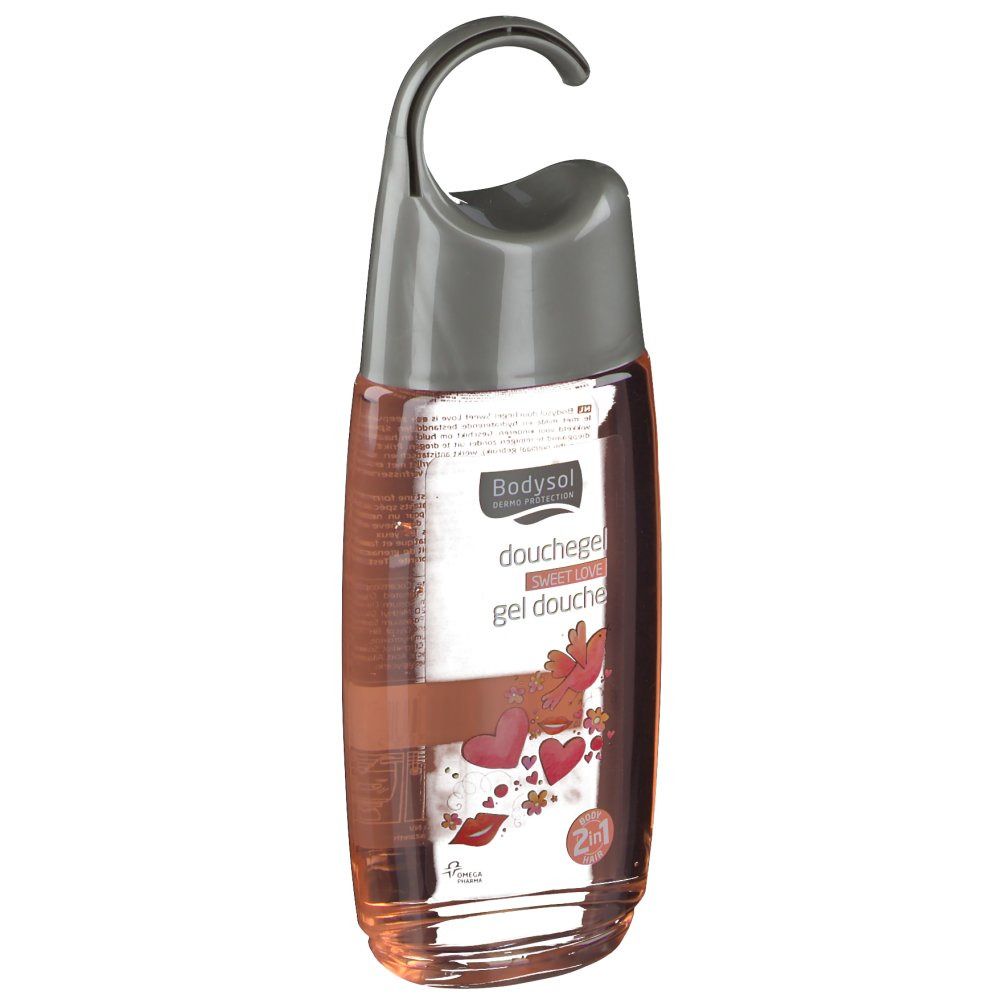 Bodysol douchegel Sweet Love, met ophanghaak. Roze vloeistof, design met harten en lippen. Transparante fles.