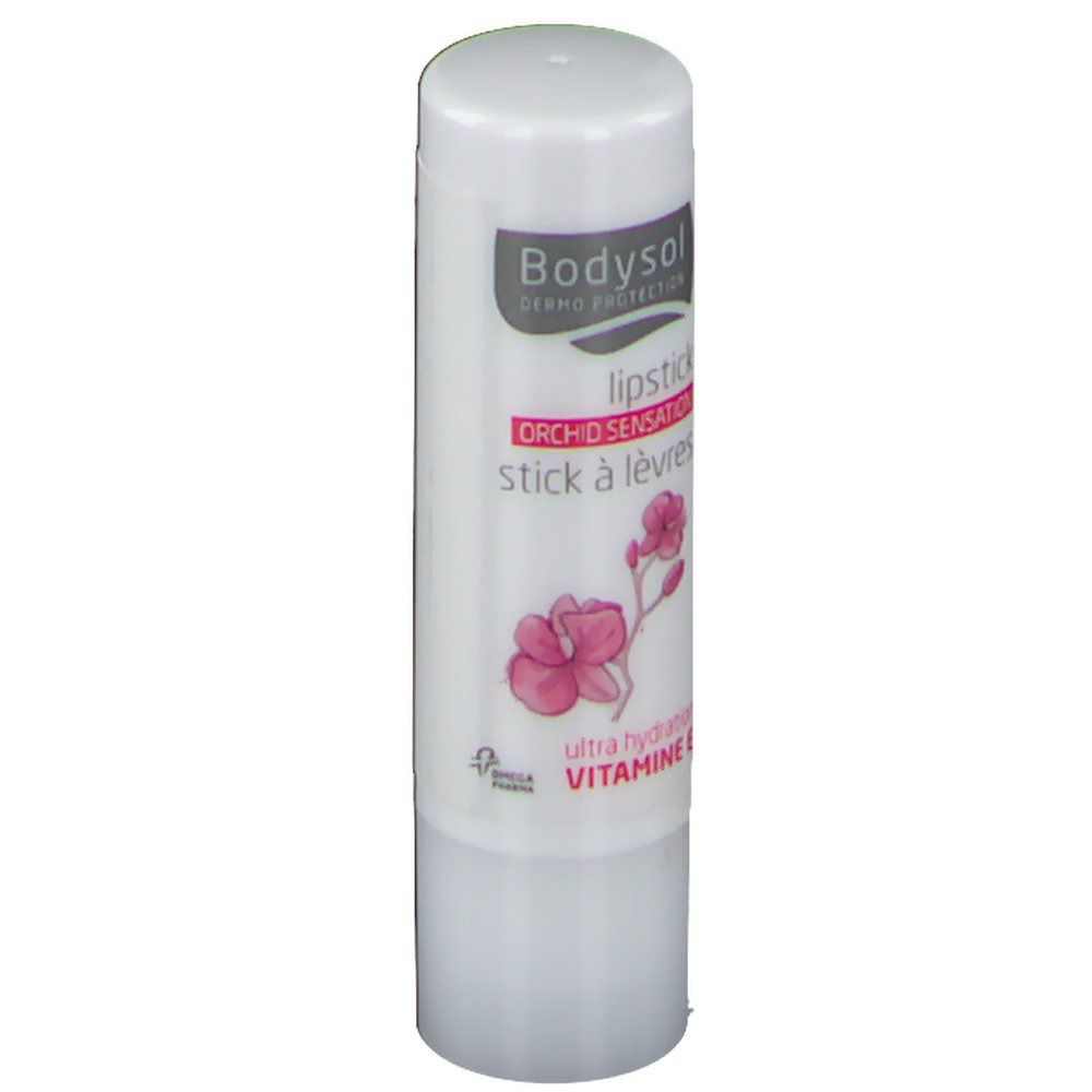 Witte lippenstift met Bodysol-logo, orchidee en tekst. Bevat vitamine E. Ultra hydraterend.