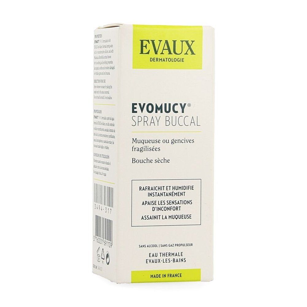 Boîte Evomucy Spray Buccal. Texte en français. Couleurs jaune et blanc. Inscription: Evaux Dermatologie.