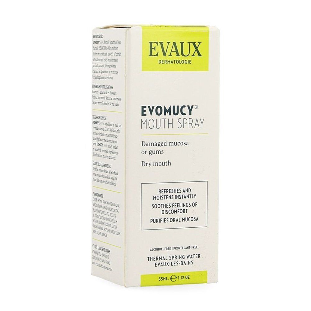 Verpakking Evomucy Mouth Spray. Engelse tekst. Geel en wit kleurenschema. Opschrift: Evaux Dermatologie.