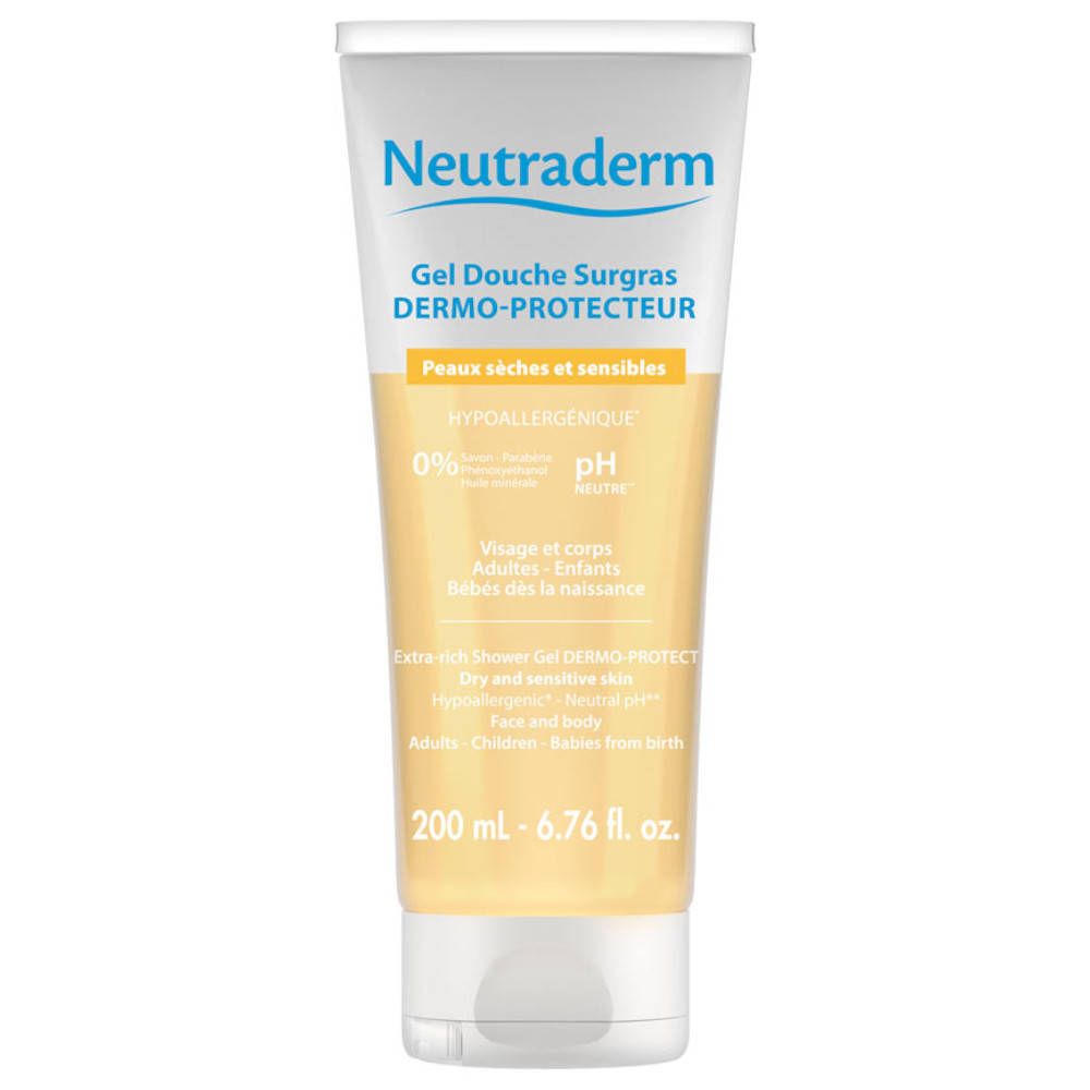 Witte en gele tube met tekst. Gele vloeistof zichtbaar. Tekst: Dermo-Protecteur, Peaux sèches et sensibles. Hypoallergeen.