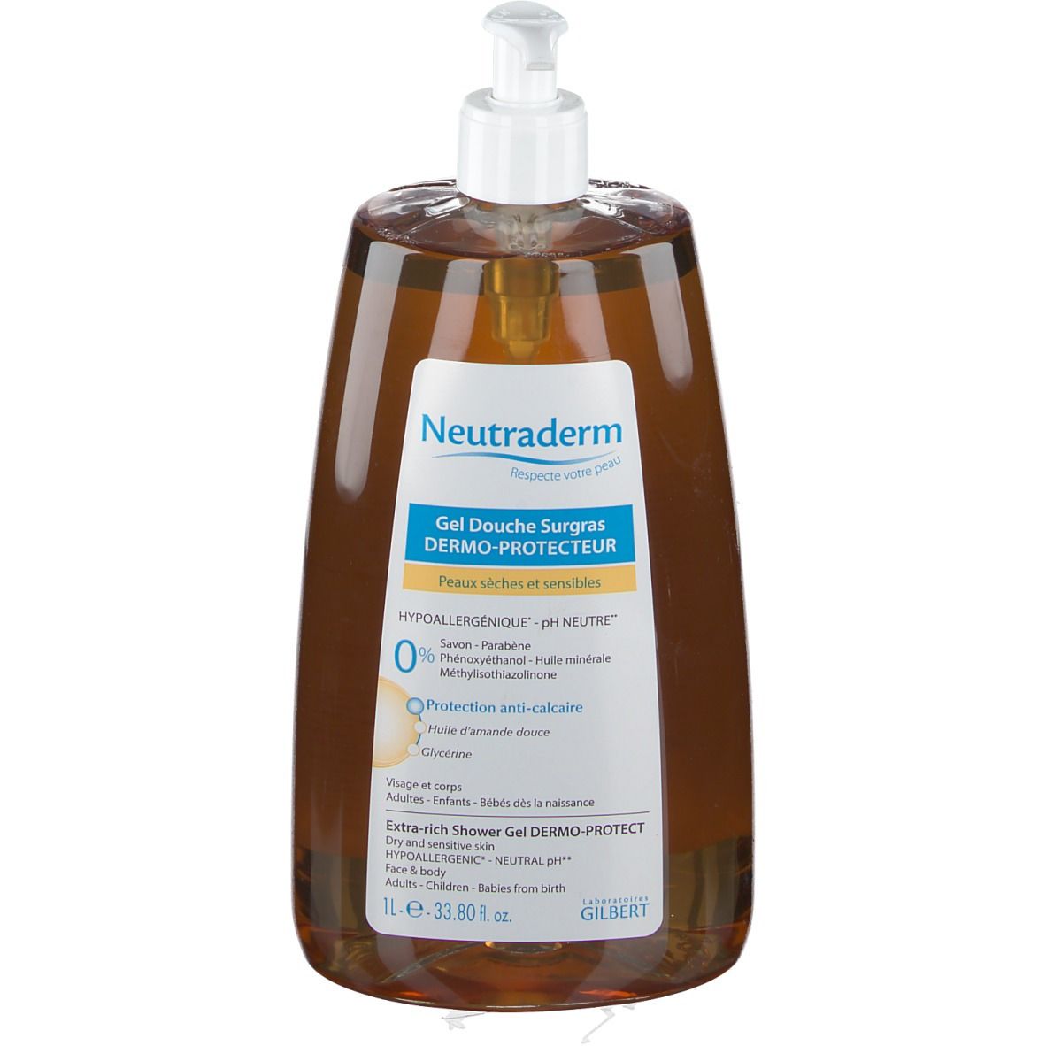 Bruine douchegel met witte pomp. Etiket met productinformatie. Neutraderm Gel Duschgel Surgras Dermo-Protecteur.
