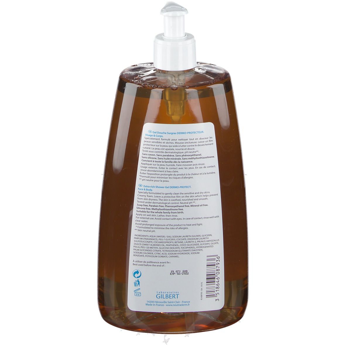 Achterkant van de bruine fles. Productinformatie en ingrediënten. Neutraderm Gel Duschgel Surgras Dermo-Protecteur.