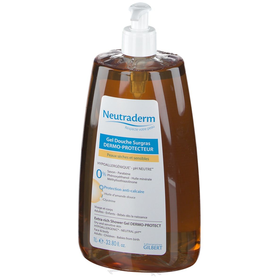 Bruine douchegel met witte pomp. Etiket met productinformatie. Neutraderm Gel Duschgel Surgras Dermo-Protecteur.