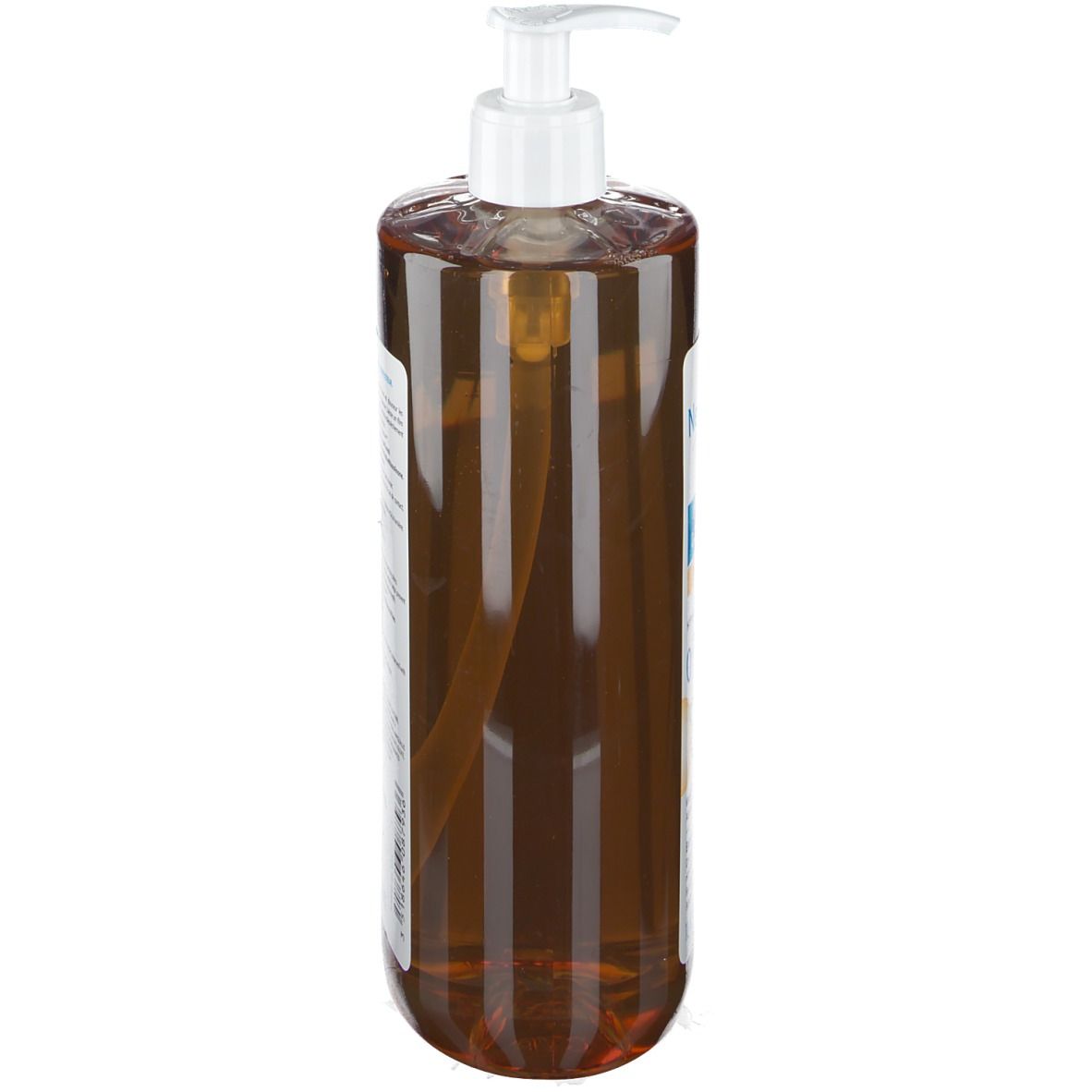 Bruine, transparante fles met witte pomp. Neutraderm Gel Duschgel Surgras Dermo-Protecteur. Zijaanzicht.