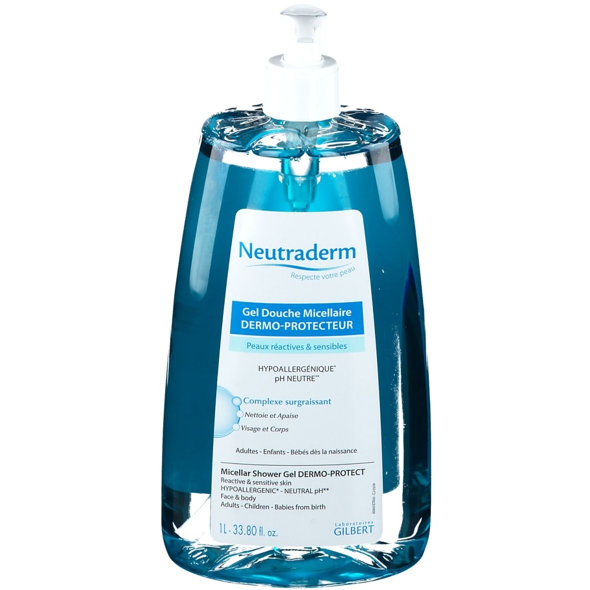 Flacon de gel douche Neutroderm Dermo-Protecteur. Liquide bleu, pompe blanche. Texte: pH Neutre, peaux sensibles.
