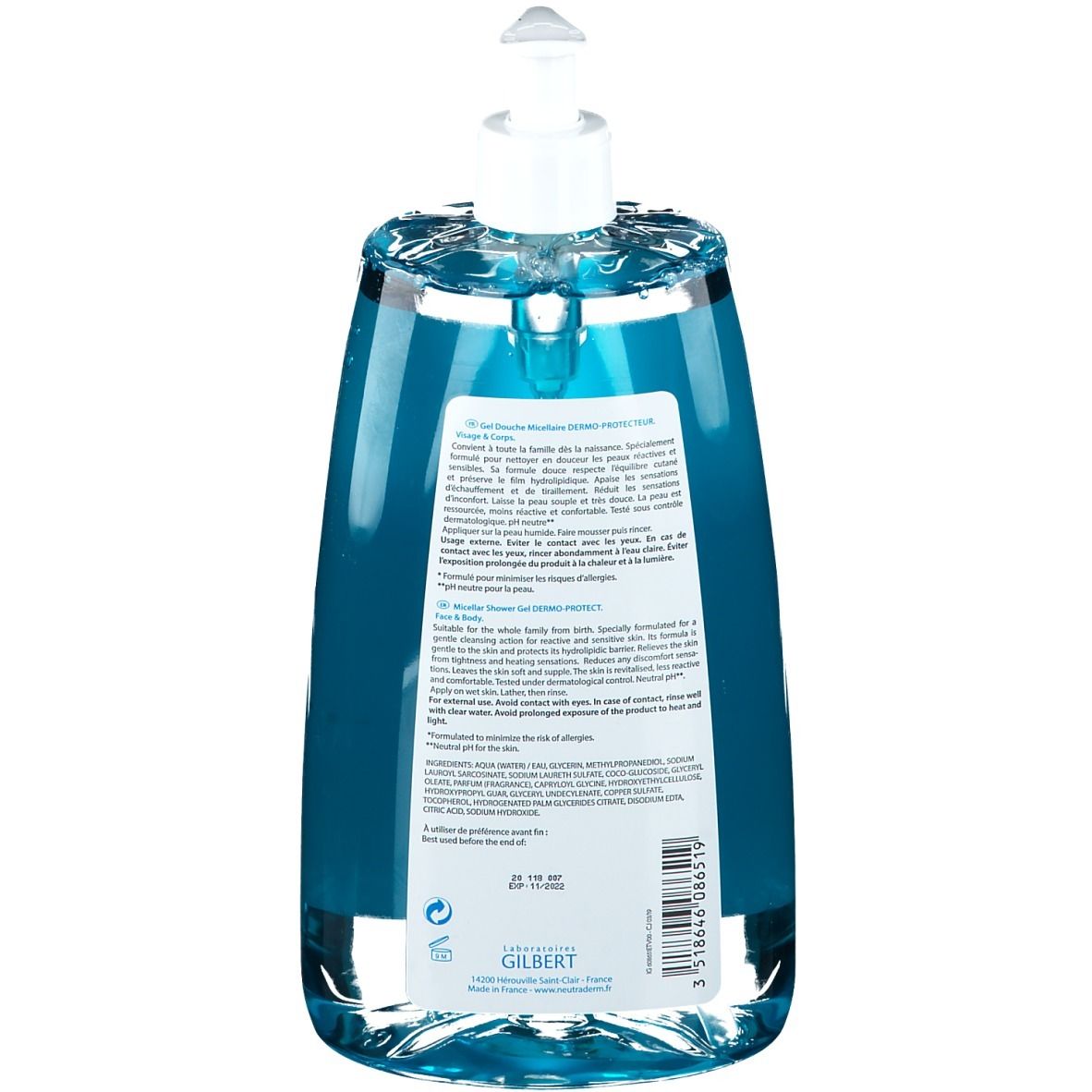 Dos du flacon de gel douche Neutroderm Dermo-Protecteur. Liquide bleu, pompe blanche. Texte et ingrédients.