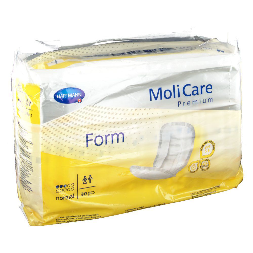 Verpakking van MoliCare Premium Form normal. Bevat 30 stuks. Gele en witte verpakking met productnaam en logo.