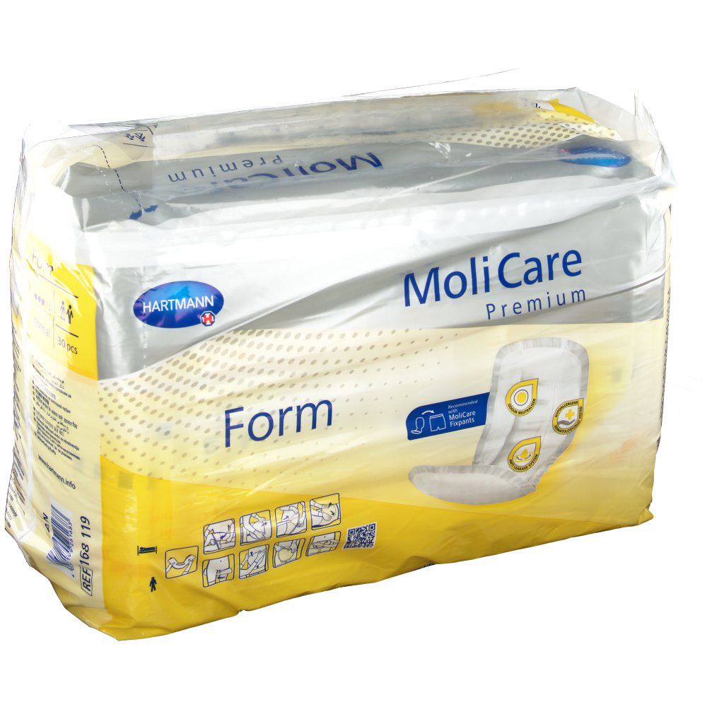Verpakking van MoliCare Premium Form normal, bovenaanzicht. Gele en witte verpakking met productnaam en logo.