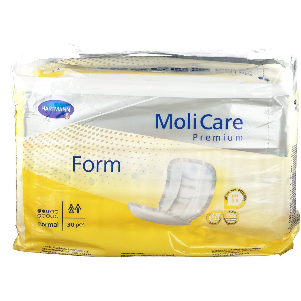Verpakking van MoliCare Premium Form normal. Bevat 30 stuks. Gele en witte verpakking met productnaam en logo.